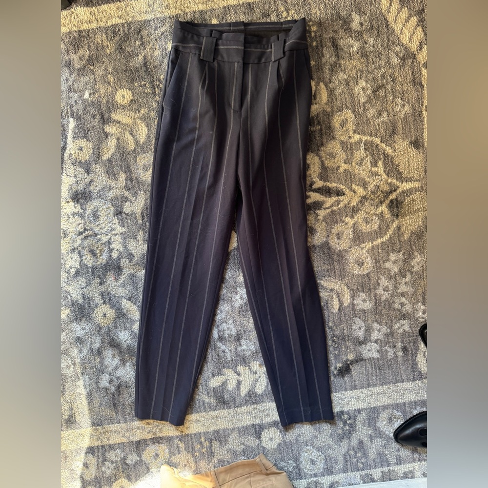 Express Pinstripe Navy High Waisted Sash Belt Straight Leg Trousers
